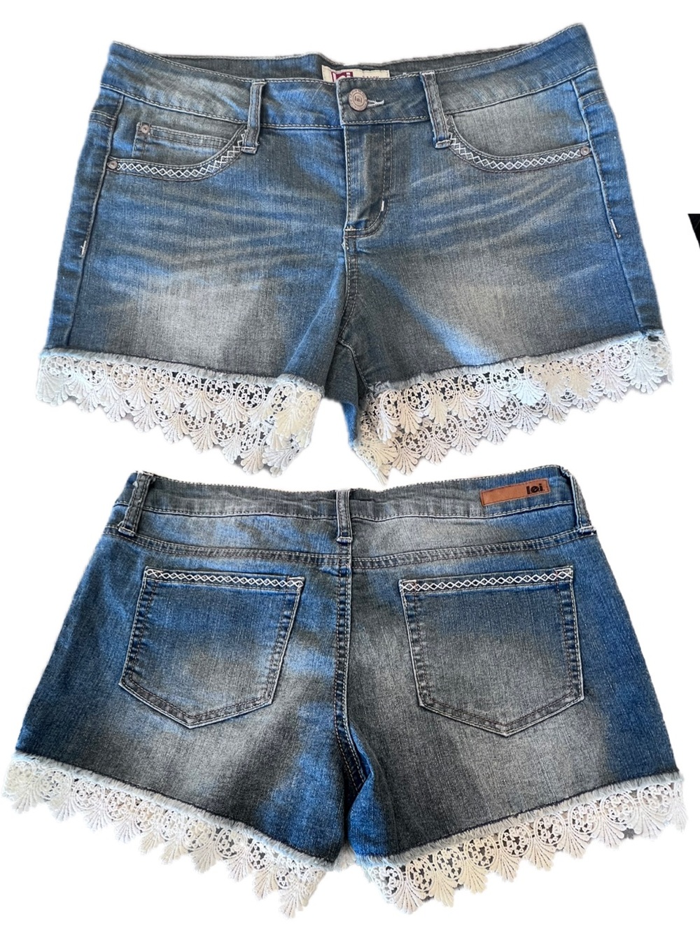 Lei Ashley Lowrise Crochet Lace Trim Denim Shorts Sz 9